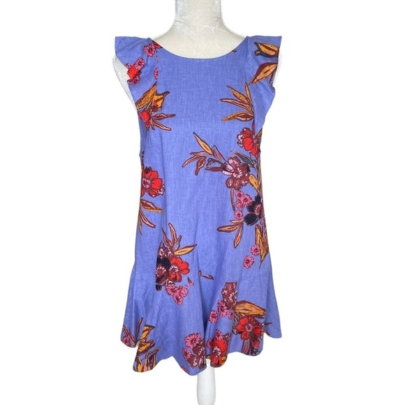 FREE People Women’s Tulum Linen Floral Print Mini Dress Tunic Size XS Blue - Picture 4 of 10